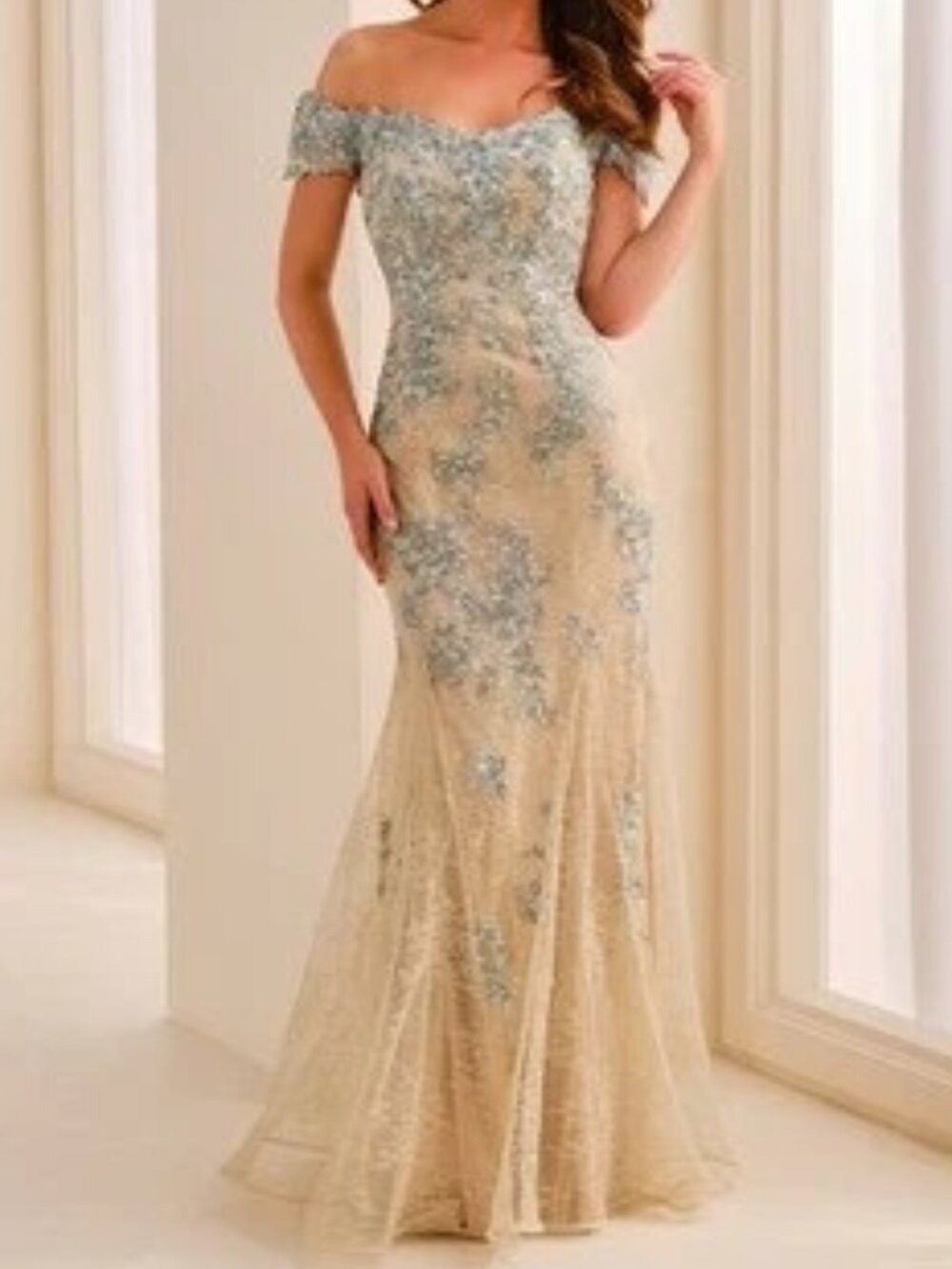 NWT Cameron Blake CB792 Lace Off-Shoulder Formal Dress Champagne/Aqua Size 16